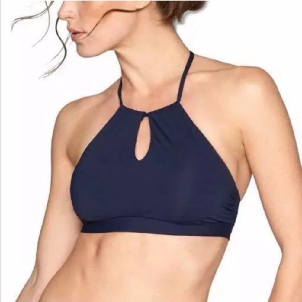 Athleta Keyhole High Neck Halter Bikini Top Navy Blue Strappy Medium